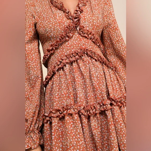 Lulus Admire You Orange Floral Print Ruffled Long Sleeve Cottagecore Mini Dress - Picture 4 of 10